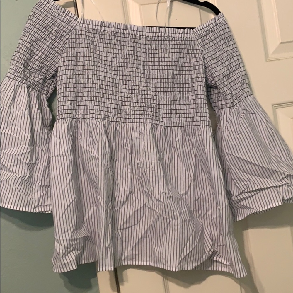 White w/ black striped smock off the shoulder top